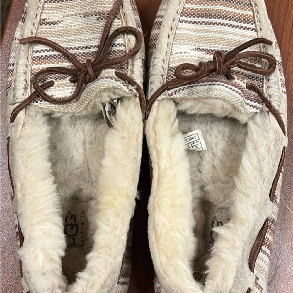 UGG Women's Cream and Brown Slip-On Moccasins with Shearling Lining
